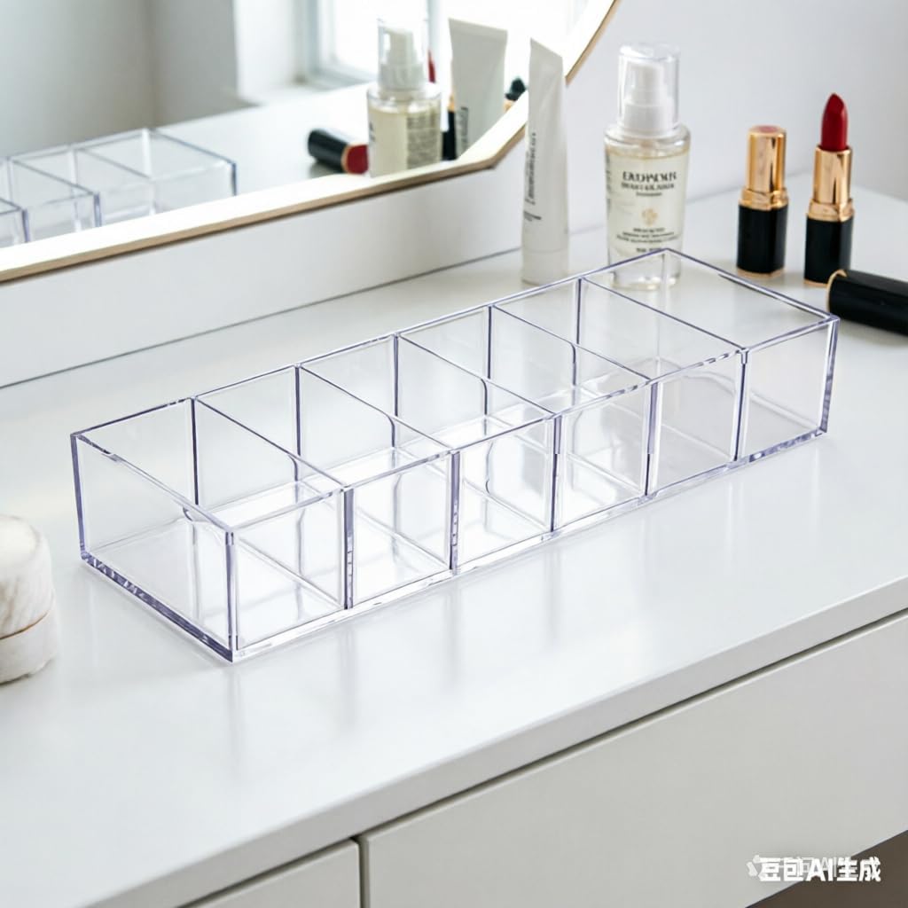 6-Compartment Clear Acrylic Organizer with Detachable Dividers, Eyeshadow Palette & Cosmetic Holder for Vanity Drawer, Cosmetic Station & Makeup Desktop image 3