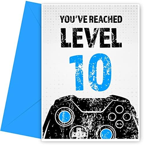 Gamer 10th Birthday Card for Boy - Black & Blue Reached Level 10 Bday Card for Son, Great Grandson, Nephew or Brother. Gaming Happy Birthday Card for 10 Year Old Boy - Video Gamers 10th Ten Tenth Bday