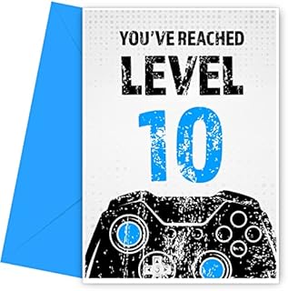 Gamer 10th Birthday Card for Boy - Black & Blue Reached Level 10 Bday Card for Son, Great Grandson, Nephew or Brother. Gaming Happy Birthday Card for 10 Year Old Boy - Video Gamers 10th Ten Tenth Bday