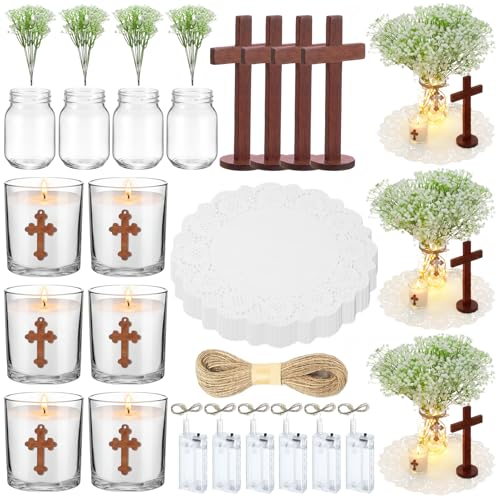 Acellegic 6 Sets Baptism Table Centerpiece Kit with Wood Cross Mason Jar Candles Babys Breath Flax Rope String Lights Cross Cards and Accessories for Baptism First Communion Church Wedding