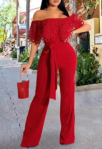 Image of Off Shoulder Jumpsuit for Women High Waist Wide Leg Long Pants Jumpsuits