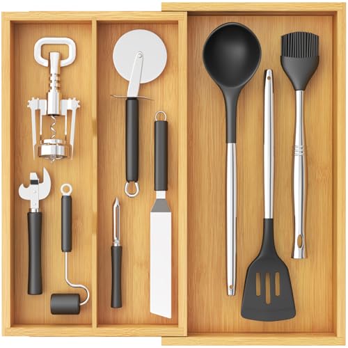 Lifewit Organizador Utensilios Extensible, de 2 a 3 Compartimentos, Bandeja Cubiertos de Bambú, Separadores Ajustable de Cajones Cocina Armario, para Cuchillos/Herramientas/Cucharas/Tenedores, Natural