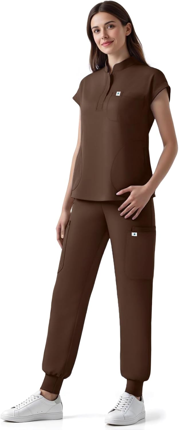 Scrubs for Women Sets,Medical Slim Fit Stand Collar Sleeveless Top & Jogger Pants with Drawstring(XS-2XL) (Brown, XS)