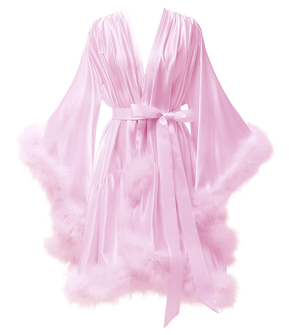 yinyyinhsWomen's Feather Robe Silk Satin Bridal Dressing Gowns Short Nightgown Bathrobe Sleepwear Maternity Photoshoot Robe