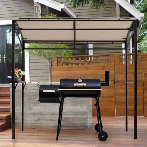 Moccha 7x4.4ft Grill Gazebo, Outdoor BBQ Gazebo with Storage Shelf, Hanging Hooks, Beer Opening Setting, Heavy-Duty Metal Frame, Grill Canopy Tent Sunshade Awning for Backyard, Patio, Garden, Beige