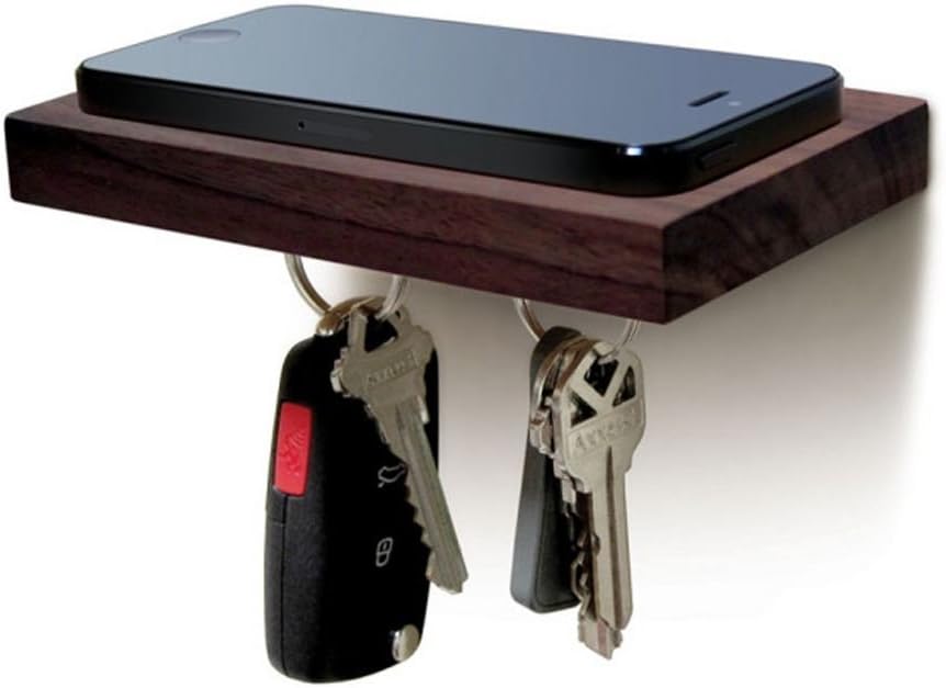 PLANK Wooden Floating Shelf for Mobiles with a Magnetic Underside for Keys - Walnut