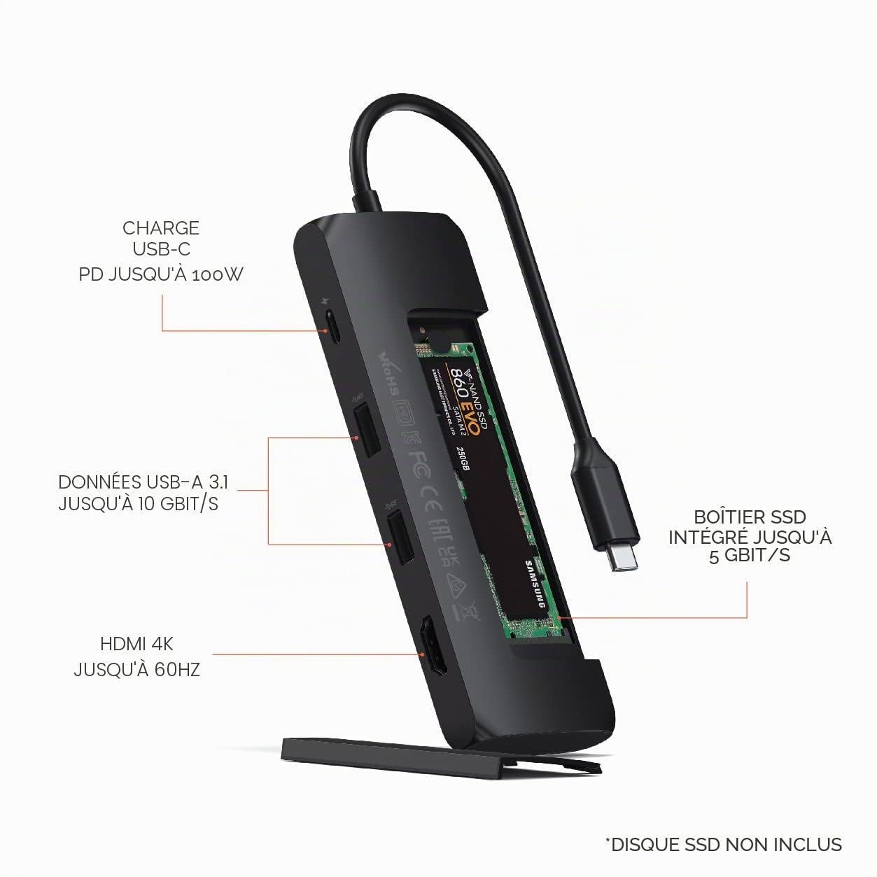 SATECHI Hub USB C 5 en 1 avec Boîtier SSD M.2 SATA, PD 100W, Noir Sidéral