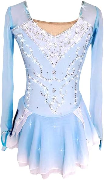 Womens Girls Ice Skating Dress Blue/White Spandex High Elasticity Competition Skating Wear Ice Skating Figure Skating