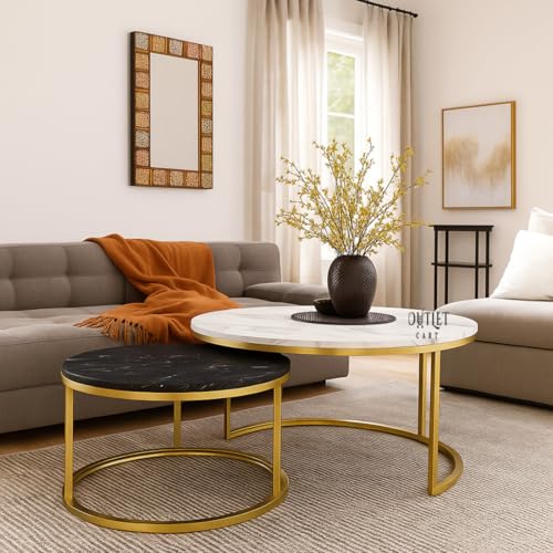 Image of 2-Piece Round Coffee Table Set | Marble Finish MDF Top with Golden Iron Frame | Modern Center & Side Table for Living Room, Bedroom & Small Spaces Gold -Black-White