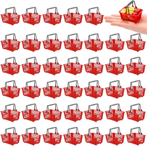 Dicunoy 40 Pcs Mini Shopping Baskets Plastic Mini Shopping Cart Red Miniature Grocery Cart Supermarket Basket with Handles for DIY Crafts Home Decor Ornament Gift Desk Accessories