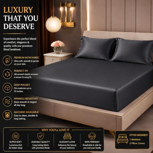 DECORUM Satin Fitted Bedsheet King Size 72x78x10 Inches Charcoal Black - Image 8