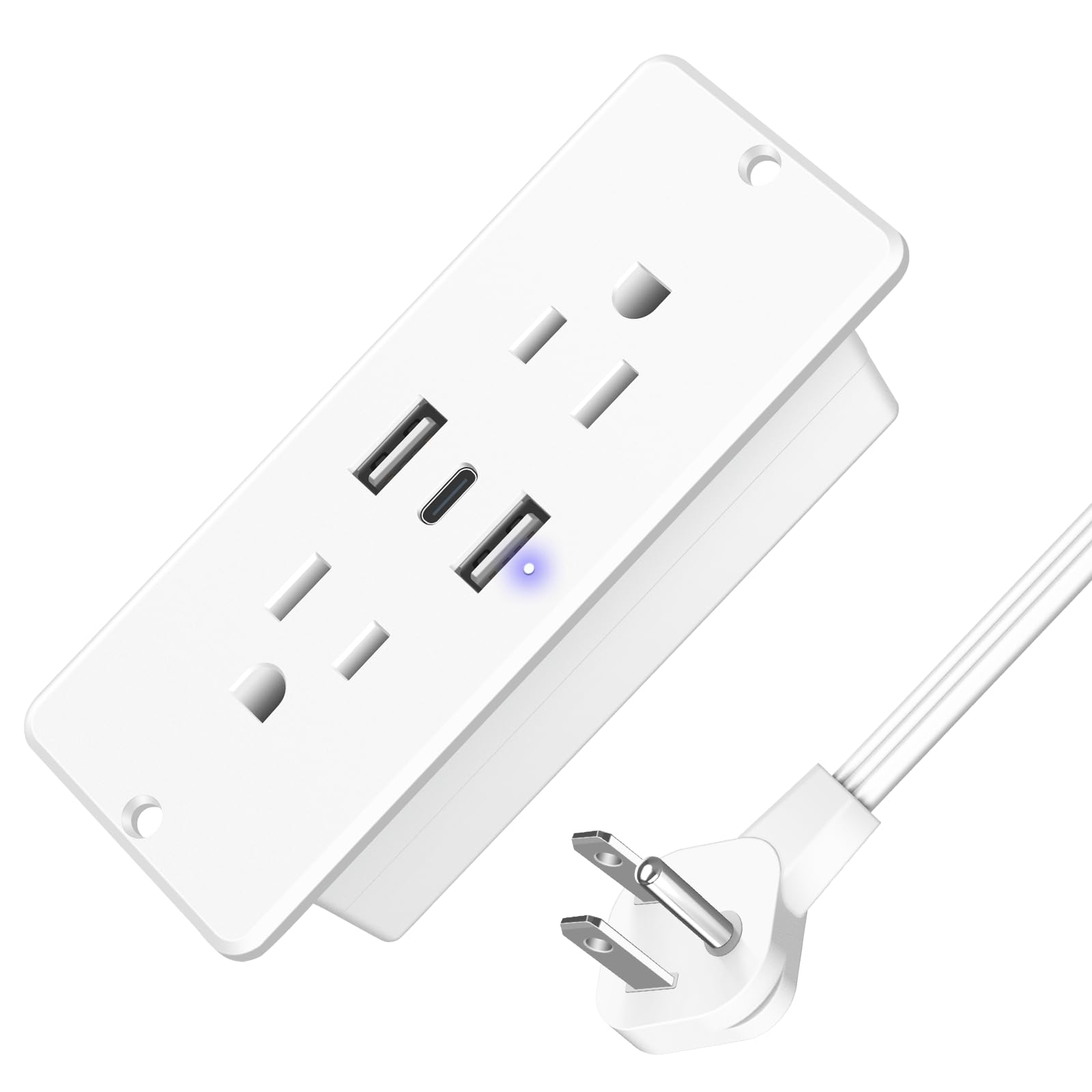 HHSOET 5 in 1 Recessed Power Strip Flat Plug, 20W Fast Charging Furniture Outlet with USB, Conference Recessed Socket with 2 AC Plugs, 2 USB Ports 1 USB-C, 6ft Power Cord. (White)