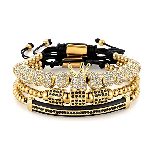 MAGIC FISH Imperial Crown King Bracelets for Men Set Pave CZ Gold Zircon Pure Hand-woven Luxury Charm Fashion Cuff Bangle Birthday Jewelry (3pcs-gold-Y)
