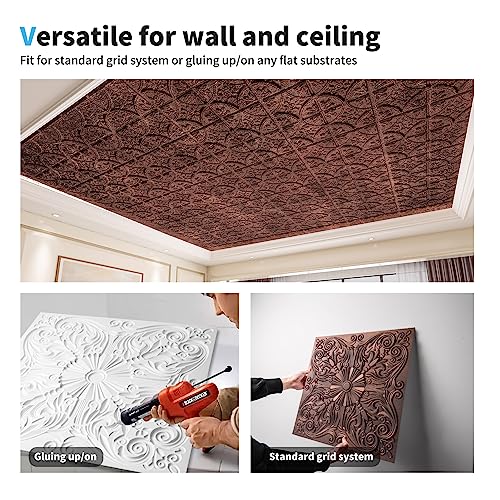 Image of Art3d Spanish Floral Drop Ceiling Tiles, 2 x 2 ft, 12-Pack, Antique Copper