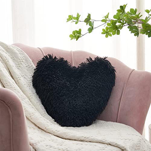 Black Fluffy Heart Pillow, Faux Fur Throw Pillow,Sherpa Plush Fluffy, Cute Soft Throw Cushion, Valentines Day,Thanks Giving Days ,Christmas Day Decorative For Home Bed Couch Heart Shape (Black) #TOP5