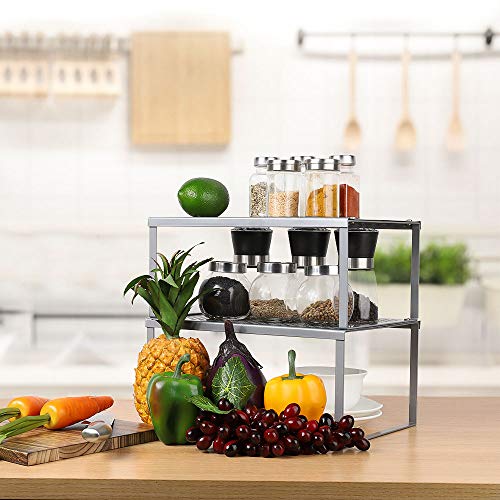 2-Pack Kitchen Bathroom Cabinet and Counter Shelf Organizer Stackable Expandable Storage Rack Spice Rack, 12.7'' L x 9'' W x 6'' H, Sliver