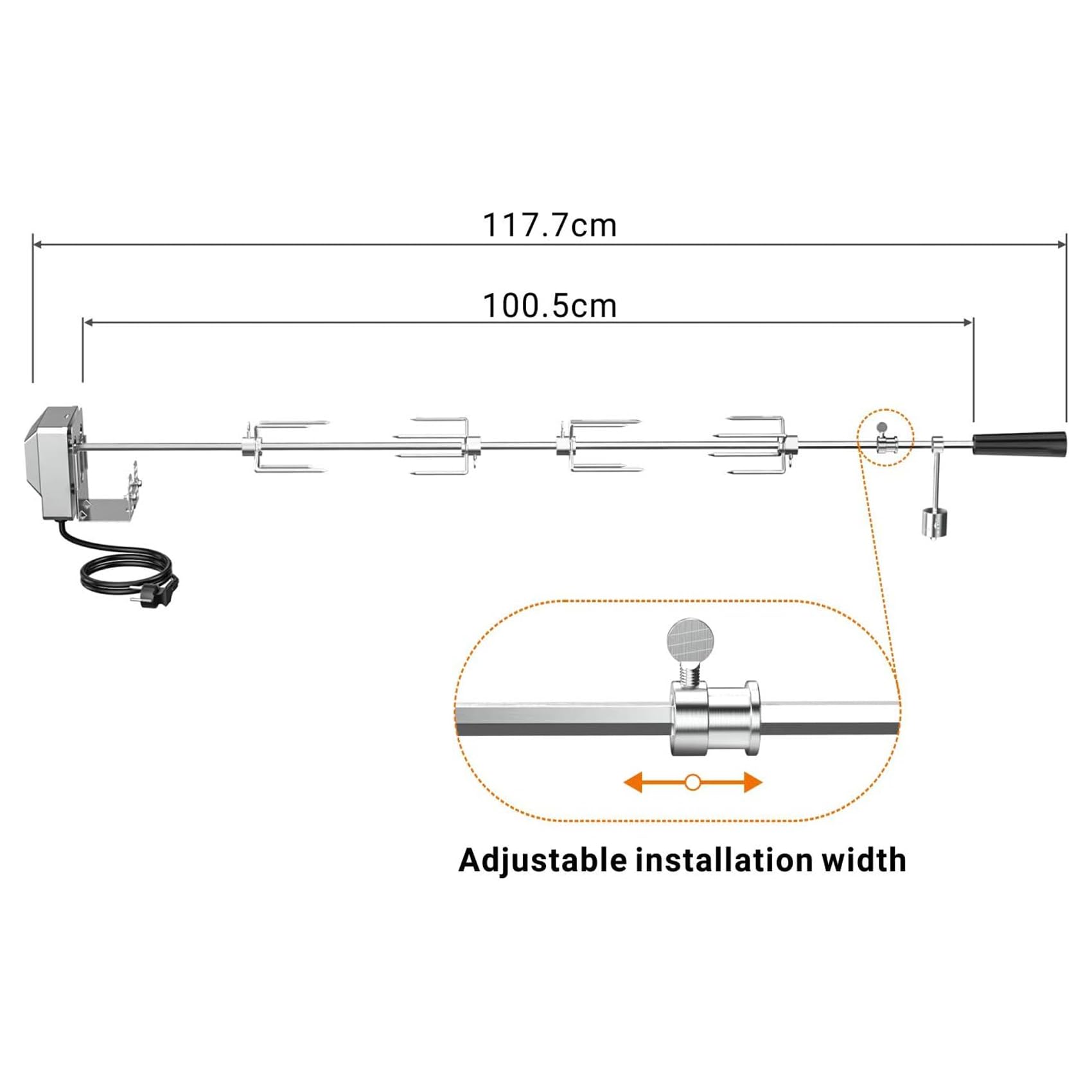 onlyfire BRK-6032 Universal Verchromter Grillspieß Set, 100 cm Rotisserie Drehspieß, 4X Fleischnadeln, Edelstahl Motor, 220V - 240V, Drehspiess
