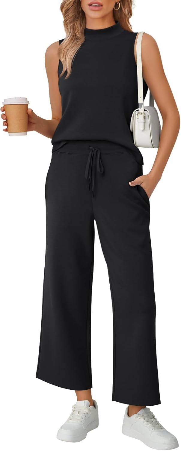 AUTOMET Womens 2 Piece Mock Neck Matching Summer Tracksuit Set Sleeveless Tank Top Wide Leg Crop Pant Sets