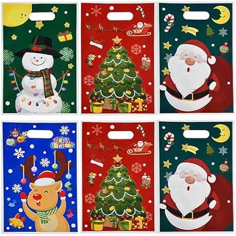iefoah 100Pcs Christmas Treat Bags Christmas Candy Goodies Snacks Bags Christmas Bulk Plastic Gift Bags 6.5'' x 9.8'' Christmas Party Favor Bag Cover