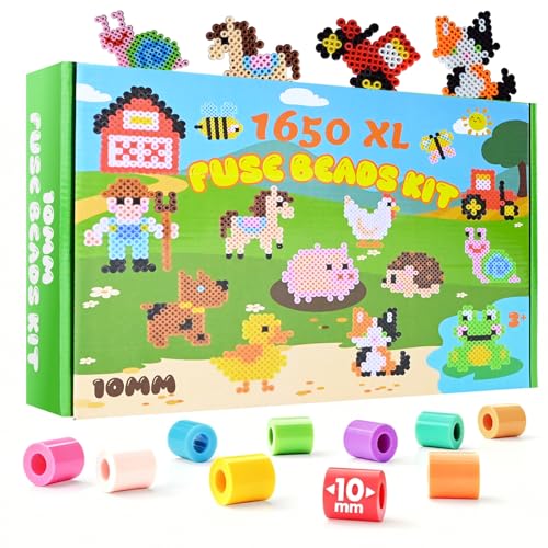 lompyeu Bügelperlen Groß 10mm 1650 Stück Bügelperlen Set mit 48 DIY Bastelzubehör Bauernhof-Thema Bildungsspielzeug für Kinder ab 3 Jahren Geschenk für Weihnachten/Ostern/Geburtstag