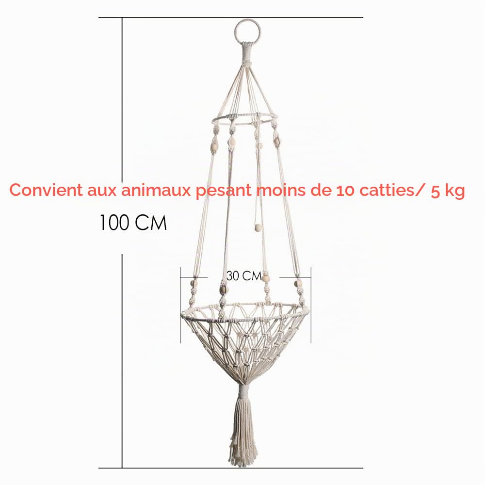 Hamac Suspendu Macramé pour Chat - Panier Tissé à la Main, Balançoire, Lit Maison pour Fenêtre Intérieure A