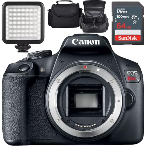 Canon EOS Rebel T7 DSLR Camera (Body Only) + LED Video Light + Camera Case + 64GB Memory (10pc Bundle) (Renewed)