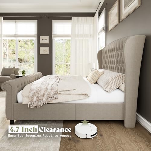 Image of AMERLIFE Queen Size Platform Bed Frame, Linen Upholstered Sleigh Bed with Scroll Wingback Headboard & Footboard /Button Tufted /No Box Spring Required /Khaki
