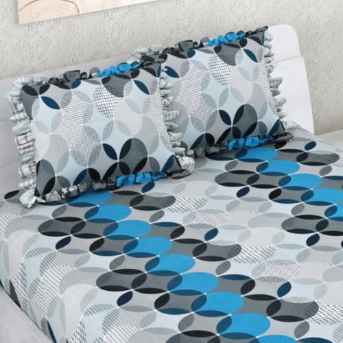 Dream Weaverz- Polycotton Printed Double Bed Size Fitted Elastic Bedsheet,2 Pillow Cover,260 Thread (72" x 78"x7") Home, Bedroom (Grey-Blue, King)