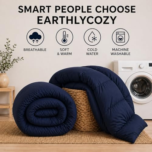 Image of Luxury Hotel Collection Cotton Comforter | All-Season Lightweight Quilt for Hot Sleepers | Plush, Breathable & Box-Stitched (Queen) Navy Blue