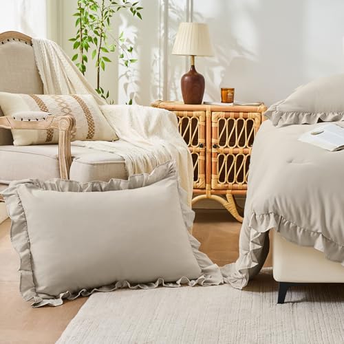 Image of FUANNA Full Size Comforter Sets Oatmeal, 3 Pieces Ruffle Full Size Bedding Sets, Fluffy Bed in a Bag Full for All Seasons, Shabby Chic Full Bed Set with 1 Lightweight Comforter & 2 Pillowshams