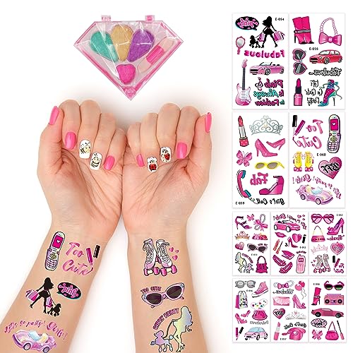 90 pcs Temporary Tattoos for kids +1 makeup set for Kids, Party Favors, Cute Decorations,Waterproof & Fake Tattoos Stickers Kit - Ideal for Birthday Parties & Gifts (pink)