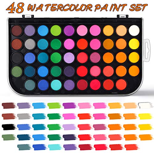 Watercolor Paint Set, 48 Color Watercolor With 10 Pcs Nylon Brushes,6 Pcs Refillable Water Brush Pen, 10 Page Pad(A4) And 2 Pcs Art Sponges. Watercolor Paint Set For Adults,Children And Beginners. #TOP2