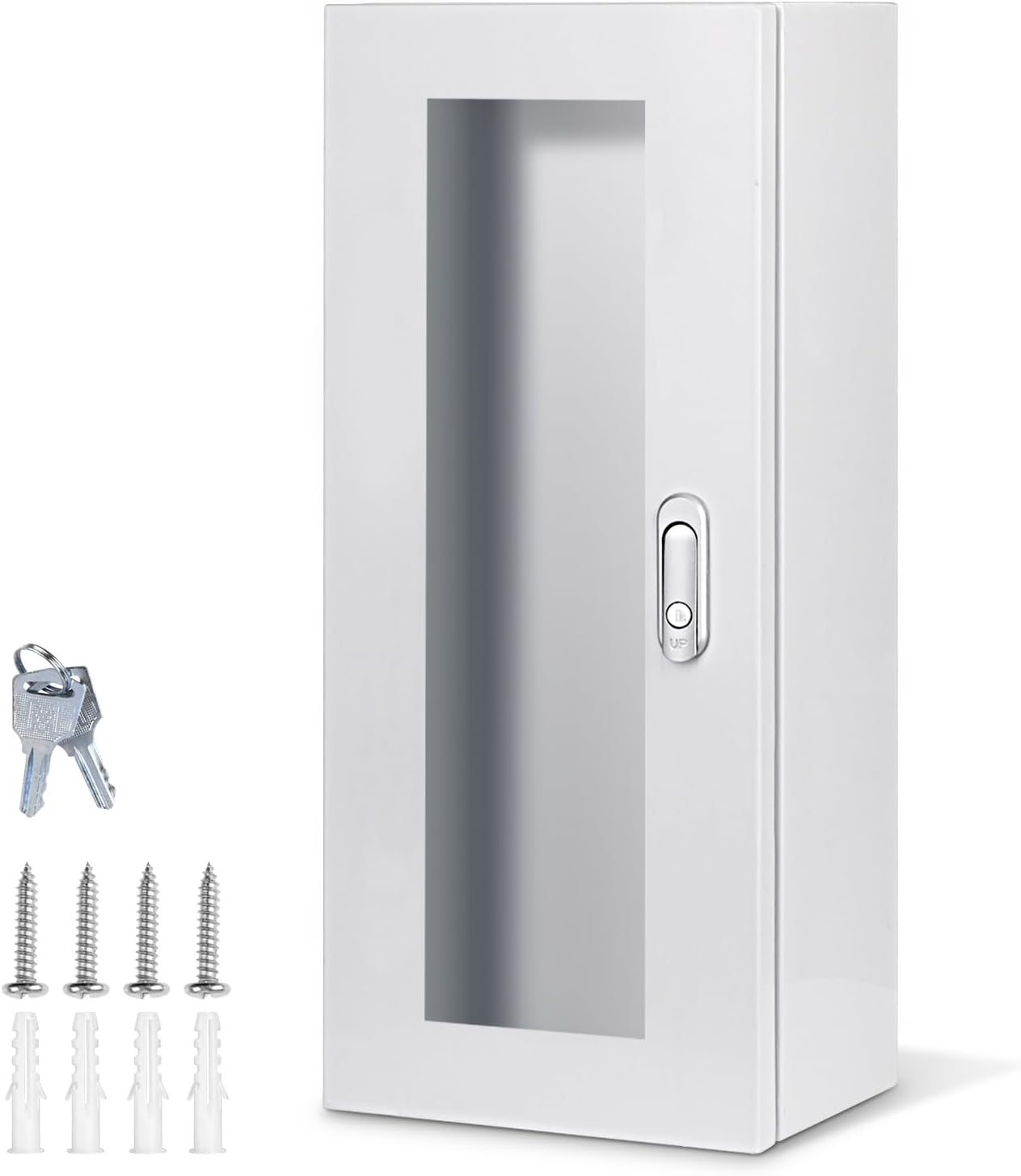 Fire Extinguisher Cabinet Wall and Surface Mount for 5-12 pounds Extinguisher, 23.6" H x 10.2" W x 6.7"D White Steel Fire Extinguisher Mount with Lock for Indoor Outdoor, with Full Clear Acrylic Door