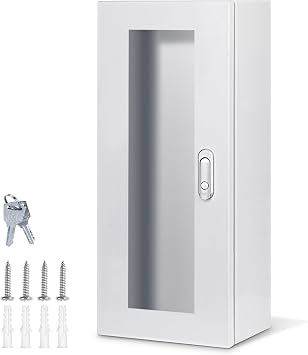 Fire Extinguisher Cabinet Wall and Surface Mount for 5-12 pounds Extinguisher, 23.6" H x 10.2" W x 6.7"D White Steel Fire Extinguisher Mount with Lock for Indoor Outdoor, with Full Clear Acrylic Door