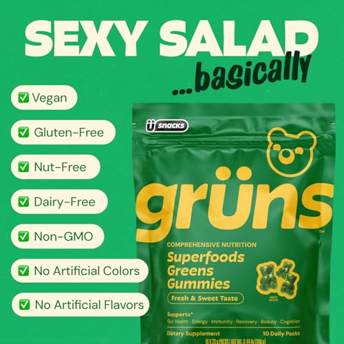 Image of Gruns Adult Super Greens Multivitamin Gummies, Superfood Gummy Vitamins for Women and Men with Spirulina, Chlorella, Adaptogens & Prebiotic Fiber for Digestive Health (28 Count) (Pack of 2)