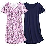 Ekouaer Damen Nachthemd Kurzarm Zweiteiliger Sommer Schlafhemd Frauen Sleepshirt Navy + lila Blumen XXL