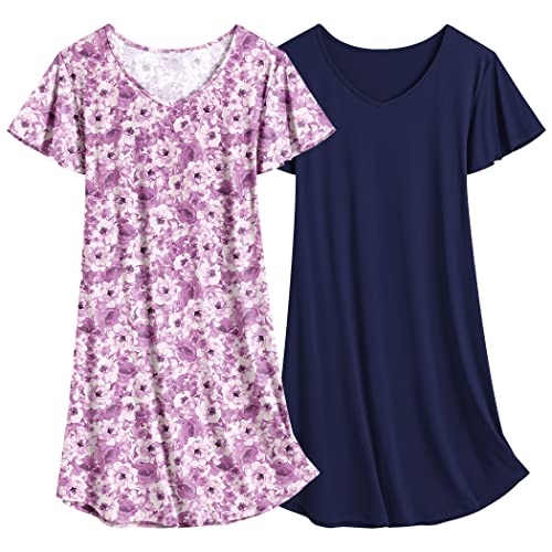 Image of Ekouaer 2 Pack Nightgowns for Women Short Sleeve Nightshirt Soft Sleepdress