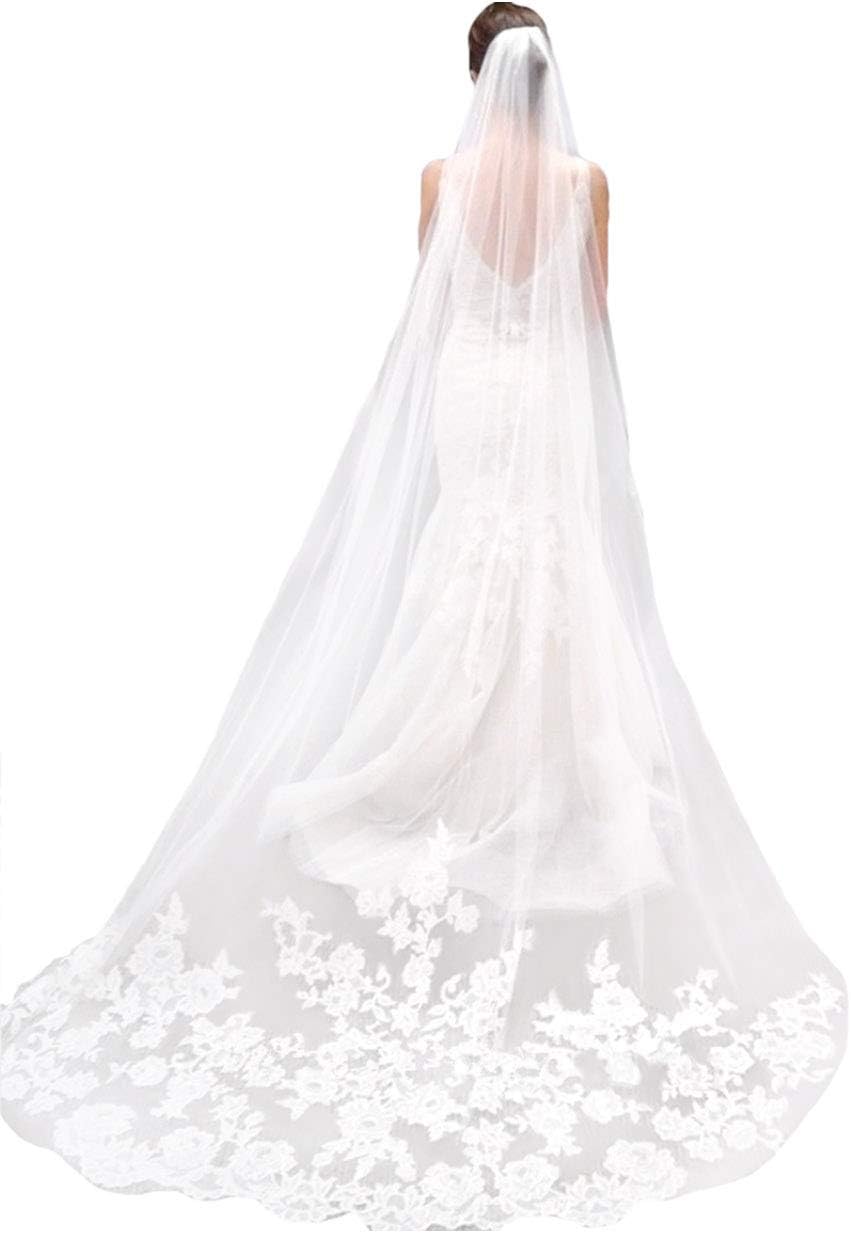 Yean 1 Tier Wedding Bridal Veil Cathedral Length 118.11" Long Ivory Bride Tulle Hair Accessoies with Lace Edge under Comb for Women