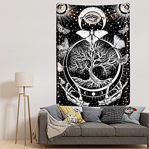 Yugarlibi Tree Tapestry for Bedroom Aesthetic, Black White Butterflies Eyes Wall Tapestry, Tree of Life Skeleton Sun Moon Wall Hanging Living Room, 59.1x51.2 in (150x130cm)