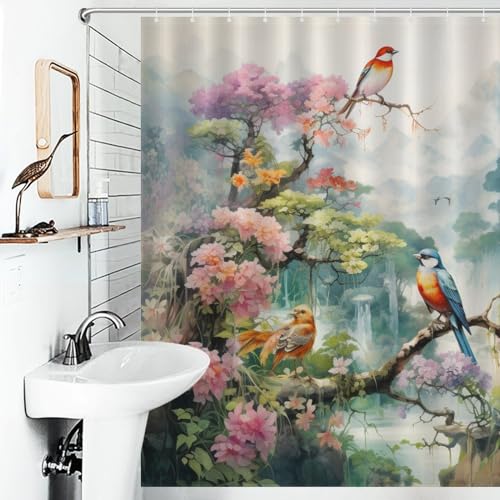 Rideau de douche oiseaux et fleurs en polyester 168x183 cm - 6