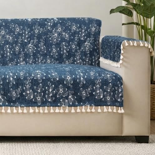 Image of STITCHNEST Woven Fabric Sofa Cover 2 Seater with 2 Hand Rest Covers - Washable Blue Sofa Cover with Tassels - Durable Premium Fabric - Stylish Sofa Protector for Living Room & Furniture Decor