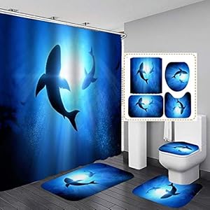 Fashion_Man 4PCS Fantasy Shark Shower Curtain Waterproof Fabric Cloth Polyester Bath Curtain Dolphin Bathroom Set, Non-Slip Bathroom Rug Bath Mat Toilet Rug, Kids Bathroom Decor, Blue Shark (4pcs)