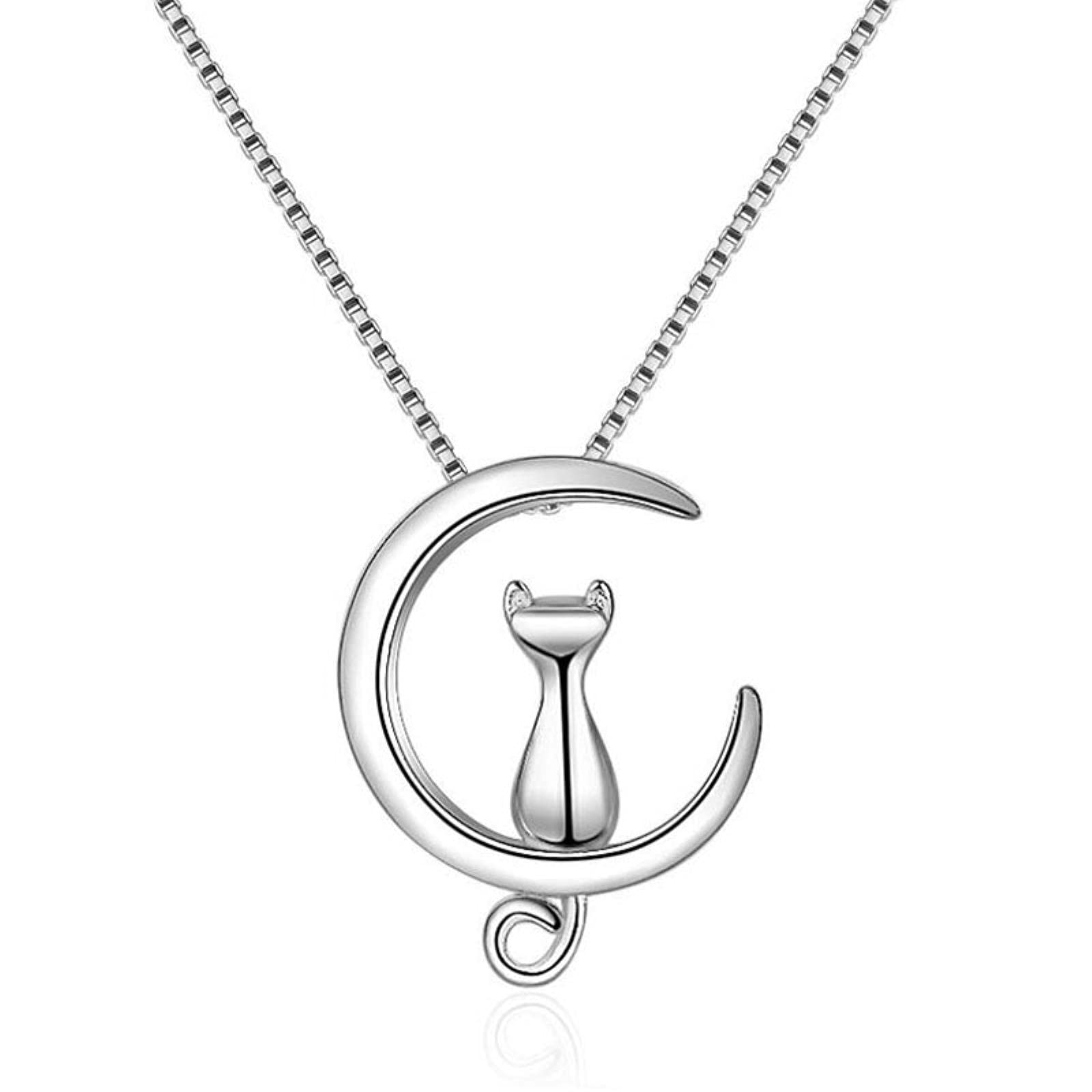 HCMA 925 Sterling Silver Cute Cat On The Moon Pendant Necklace For Women Girls Fashion Jewelry Gifts