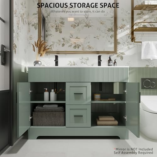 Image of eclife 48 inch Bathroom Vanities Sink Combo with Painted Surface, Modern Drawered Cabinet W /Decorative Wave Lines, Undermount Double White Sink, Matte Black Faucet Drain, Gray Green
