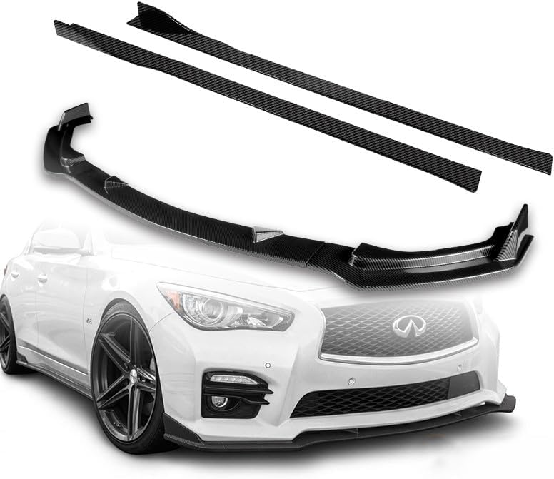 9pcs Combo Front Bumper Body Kit Lip + Side Skirt Extensions Diffuser Compatible with 2014-2017 Infiniti Q50 2015 2016 (Painted Carbon)