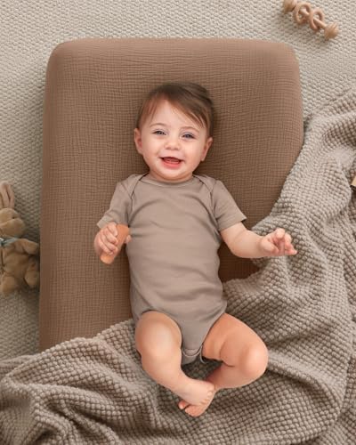 Image of Blissful Diary Muslin Changing Pad Cover for Baby Girls Boys, Ultra Soft Breathable Cotton, Baby Diaper Change Table Pad Covers, 2Pack (Checkered Brown & Brown)