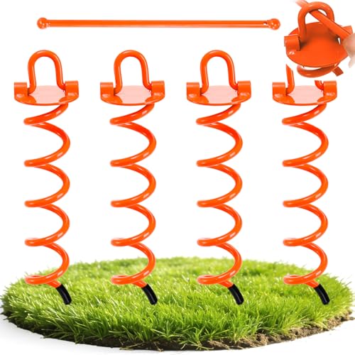 Mezchi 4 Pcs 31CM/12 Spiral Ground Anchors Heavy Duty, Swing Wet Anchors with Crowbar, Metal Shed Anchor Kit for Trampoline Stakes, Securing Dogs, Camping Tent, Orange