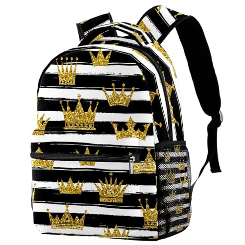 Sac à dos d'école couronne dorée fille garçon style rayures noires et blanches 40cm