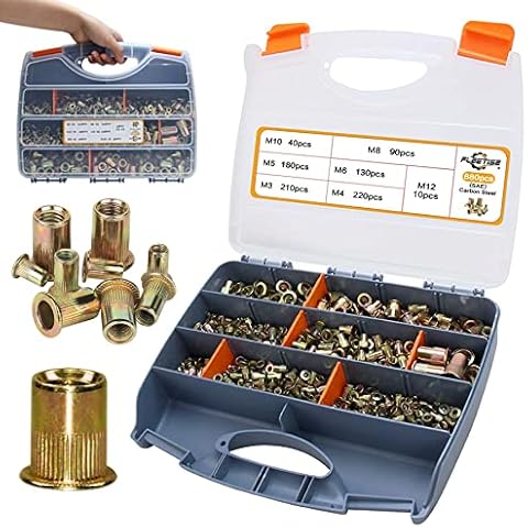 880pcs Rivet Nut Kit Metric Rivnut M3 M4 M5 M6 M8 M10 M12 Carbon Steel Yellow Zinc Plated Finish Flat Head Rivet Nuts Assortment with Case Cover