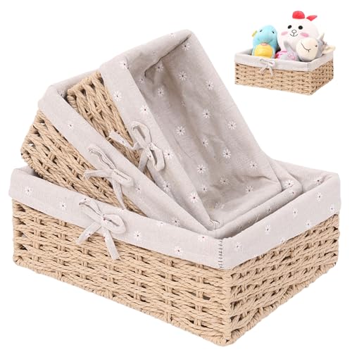 Lot de 3 corbeilles à pain avec insert en coton - Corbeille à pain en corde de papier avec chiffon en lin - Corbeille à pain carrée tressée à la main - Panier de rangement - Petit déjeuner - Bol à